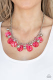 Paparazzi Gossip Glam - Pink - Necklace  -  Varying in shape and shimmer, a flirtatious collection of shiny silver and glassy pink beads dance below the collar, creating a bubbly fringe. Features an adjustable clasp closure.
