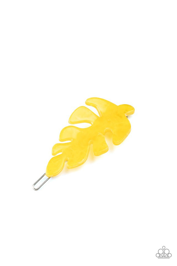Paparazzi LEAF Your Mark - Yellow - Hair Bow  -  Brushed in a shiny finish, a yellow acrylic leaf delicately pulls back the hair for a seasonal inspired look. Features a clamp barrette closure.
