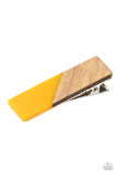Paparazzi Never HAIR The End Of It - Yellow  -  Featuring a yellow acrylic accent, a rectangular wooden frame attaches to the front of a standard hair clip for a natural inspired look. Features a standard hair clip.
