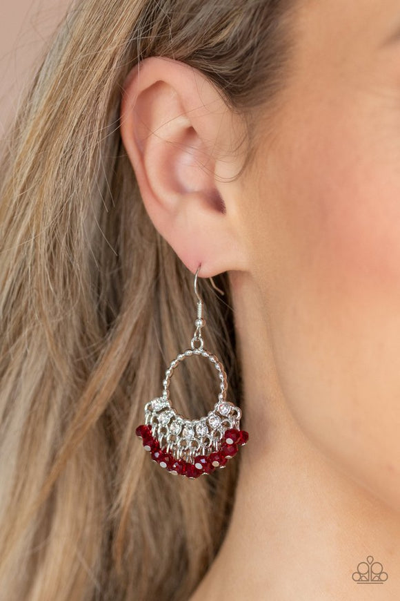 Paparazzi Charmingly Cabaret - Red - Earrings  -  A dainty collection of red crystal-like beads dance from the bottom of a white rhinestone encrusted studded silver hoop, creating a flirtatious fringe. Earring attaches to a standard fishhook fitting.
