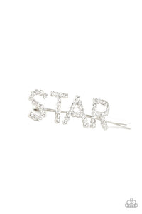 Paparazzi Star In Your Own Show - White - Hair Bow  -  Encrusted in glittery white rhinestones, glistening silver letters spell out the word, "STAR," across the front of a silver bobby pin for a stellar look.
