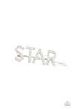 Paparazzi Star In Your Own Show - White - Hair Bow  -  Encrusted in glittery white rhinestones, glistening silver letters spell out the word, "STAR," across the front of a silver bobby pin for a stellar look.
