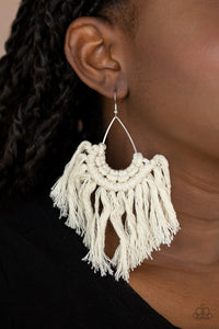 Paparazzi Wanna Piece Of MACRAME? - White - Earrings  -  Tassels of white thread decoratively knot at the bottom of a shiny silver teardrop, creating an earthy fringe. Earring attaches to a standard fishhook fitting.
