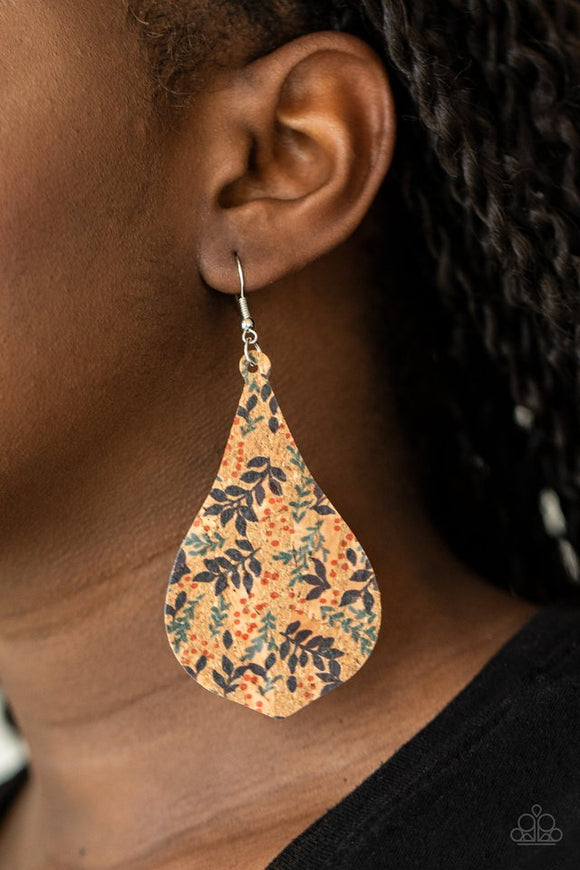 Paparazzi Cork Coast - Multi - Earrings  -  Featuring a colorful leafy pattern, a teardrop cork frame swings from the ear for a trendy vibe. Earring attaches to a standard fishhook fitting.
