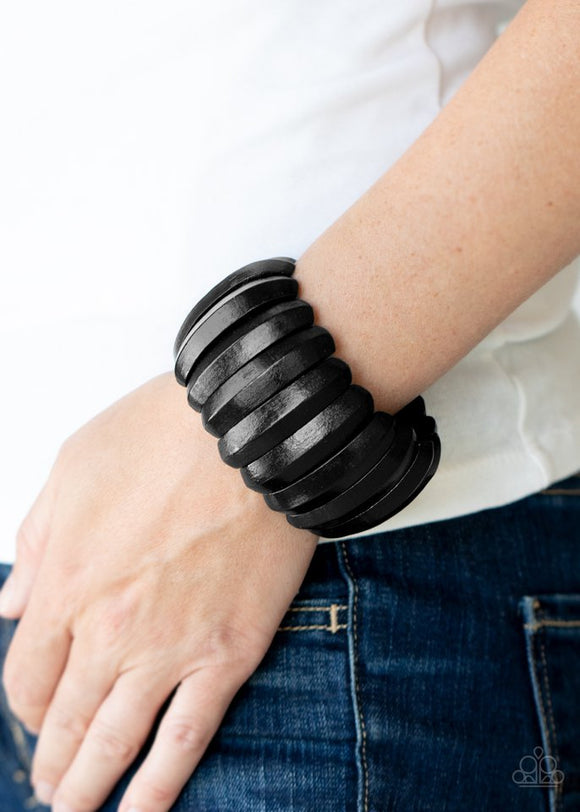 Paparazzi Colorfully Congo - Black - Bracelet  -  Painted in a shiny black finish, beveled wooden frames are threaded along stretchy bands around the wrist for a summery look.
