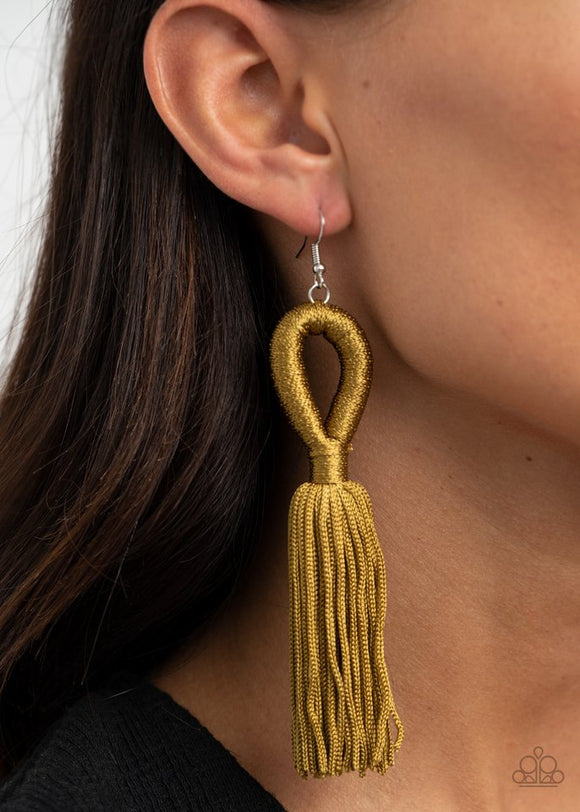 Paparazzi Tassels and Tiaras - Green - Earrings  -  Shiny Military Olive cording delicately loops and knots into an elegant tassel. Earring attaches to a standard fishhook fitting.

