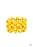 Paparazzi Tiki Tropicana - Yellow - Bracelet  -  An oversized collection of sunny yellow wooden beads are threaded along stretchy bands that ornately weave across the wrist, creating a decorative summery pattern.
