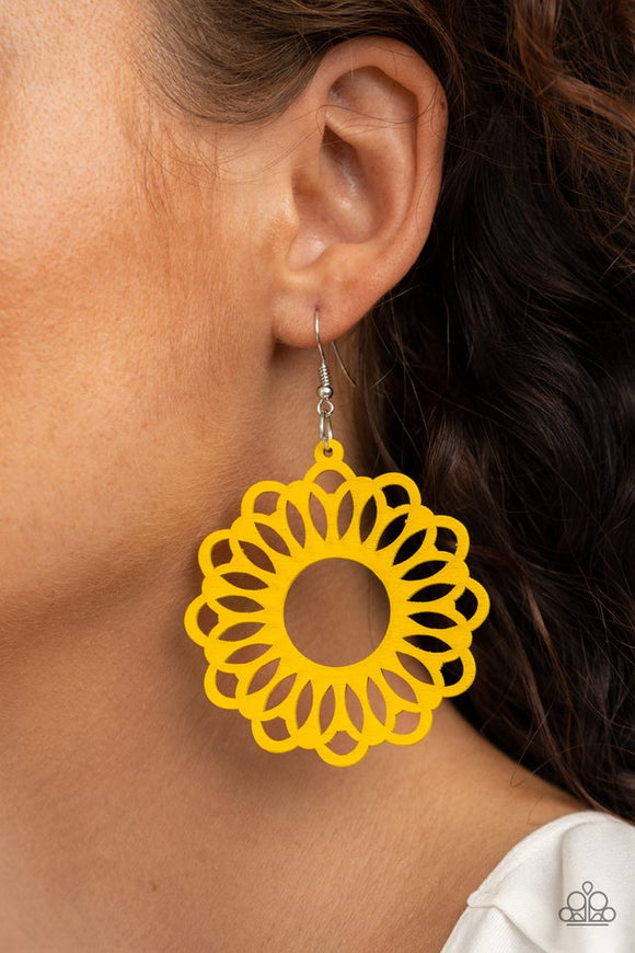 Paparazzi Dominican Daisy - Yellow - Earrings - Painted in a sunny yellow finish, an airy wooden frame is cut into a whimsical stenciled pattern for a colorful floral look. Earring attaches to a standard fishhook fitting. 