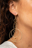 Paparazzi Running Circles Around You - Gold - Earrings  -  Small and medium sized gold links delicately alternate into an airy chain, while larger gold hoops haphazardly connect the chain into a dizzying lure. Earring attaches to a standard fishhook fitting.
