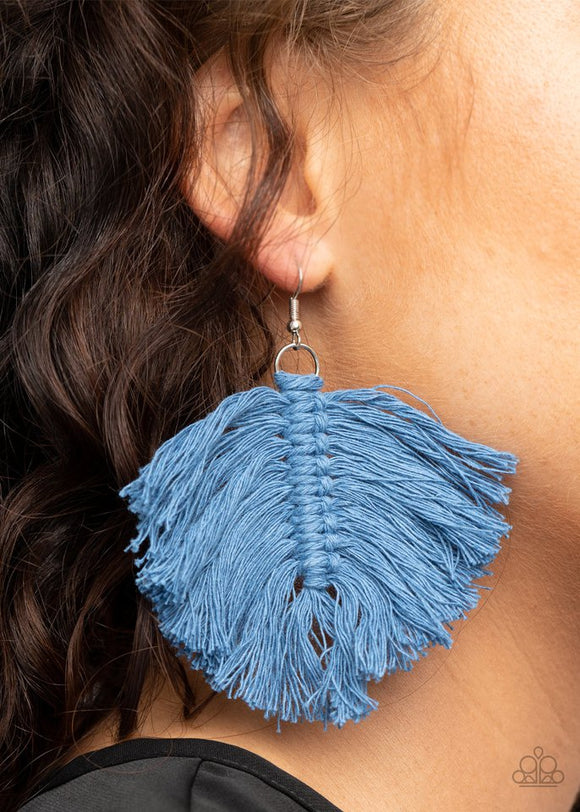 Paparazzi Macrame Mamba - Blue - Earrings - Rustic blue threaded tassels knot into a leaf-shaped frame, creating a colorful macram inspired fringe. Earring attaches to a standard fishhook fitting. 
