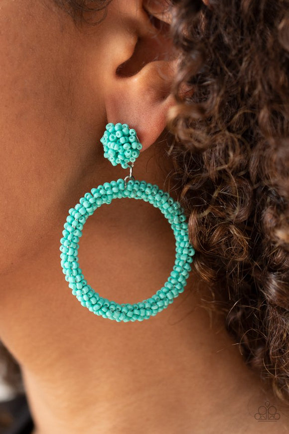 Paparazzi Be All You Can BEAD - Blue - Earrings  -  A refreshing collection of dainty turquoise seed beads are woven around a circular frame at the bottom of a matching beaded fitting, creating a colorful hoop. Earring attaches to a standard post fitting.
