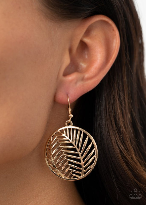Paparazzi Palm Perfection - Gold - Earrings  -  Brushed in a glistening shimmer, beveled palm leaves delicately connect inside a gold hoop, creating a whimsical frame. Earring attaches to a standard fishhook fitting.

