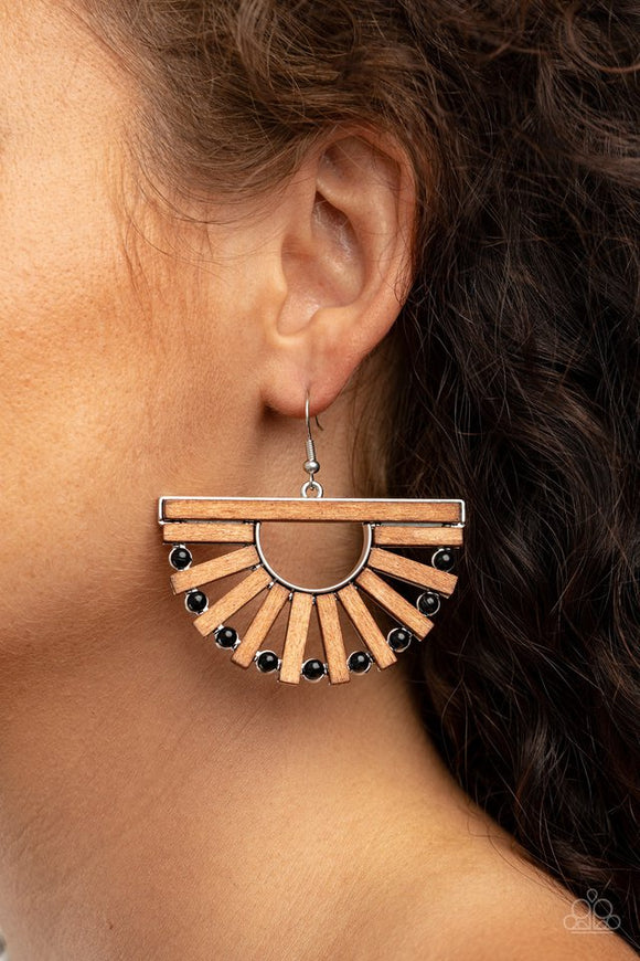 Paparazzi Wooden Wonderland - Black - Earrings  -  Wooden rectangular frames and dainty black beads alternate along an airy silver frame, coalescing into a radiant crescent for an earthy flair. Earring attaches to a standard fishhook fitting.
