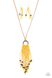 Paparazzi Its Beyond MACRAME! - Yellow - Necklace  -  Square wooden beads are knotted at the ends of golden yellow twine-like cording that braids and weaves around a wooden hoop, creating an earthy macramé pendant at the bottom of a dainty piece of brown suede. Features an adjustable knotted closure.

This piece was featured as part of our Fall Training during Unwritten.