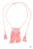 Paparazzi Between You and MACRAME - Pink - Necklace  -  Rose Tan cording delicately wraps around a dainty wooden dowel, knotting into a tasseled macramé centerpiece at the bottom of a dramatically lengthened display. Features an adjustable sliding knot closure.
