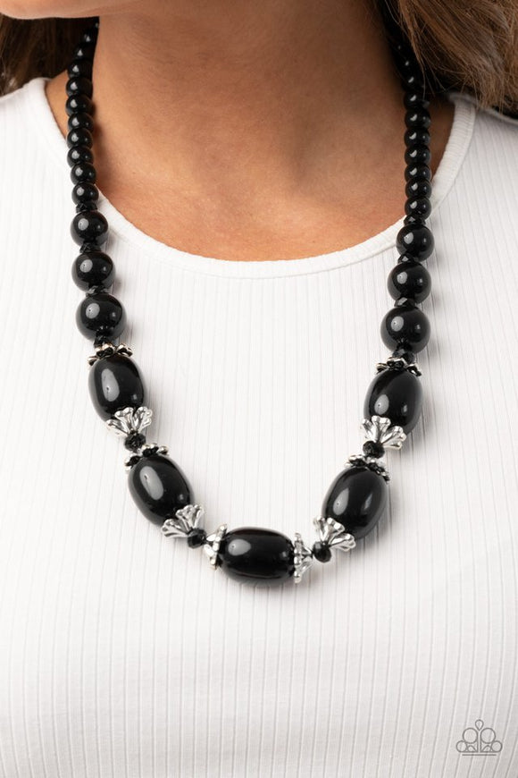 Paparazzi After Party Posh - Black - Necklace  -  Infused with decorative silver fittings and black crystal-like beads, oversized black beads boldly link below the collar for a glamorous pop of color. Features an adjustable clasp closure.
