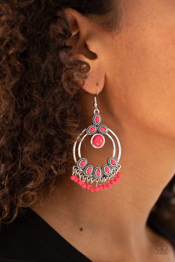 Paparazzi Palm Breeze - Pink - Earrings - Embellished with vivacious Pink Peacock beaded accents, two shimmery silver hoops join into an airy frame as a dainty beaded fringe dances along the bottom. Earring attaches to a standard fishhook fitting. 