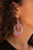 Paparazzi Palm Breeze - Pink - Earrings - Embellished with vivacious Pink Peacock beaded accents, two shimmery silver hoops join into an airy frame as a dainty beaded fringe dances along the bottom. Earring attaches to a standard fishhook fitting. 