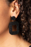 Paparazzi Beaded Bella - Black - Earrings  -  Shiny rows of dainty black seed beads adorn the front of a rounded square frame at the bottom of a matching beaded fitting, creating a blissfully beaded look. Earring attaches to a standard post fitting.
