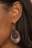 Paparazzi Rural Muse - Earrings - November 2020 Fashion Fix Exclusive - Bordered in antiqued studs, a hammered copper teardrop is embellished with matching rustic details for a handcrafted finish. Earring attaches to a standard fishhook fitting. 