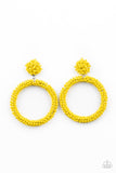 Paparazzi Be All You Can BEAD - Yellow - Earrings  -  A sunny collection of dainty yellow seed beads are woven around a circular frame at the bottom of a matching beaded fitting, creating a colorful hoop. Earring attaches to a standard post fitting.
