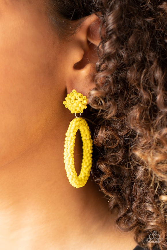 Paparazzi Be All You Can BEAD - Yellow - Earrings  -  A sunny collection of dainty yellow seed beads are woven around a circular frame at the bottom of a matching beaded fitting, creating a colorful hoop. Earring attaches to a standard post fitting.
