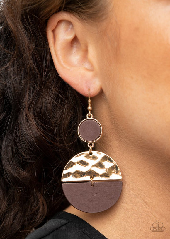 Paparazzi Natural Element - Gold - Earrings  -  A brown wooden crescent and hammered gold crescent link at the bottom of a round gold frame dotted with a brown wooden center for an earthy flair. Earring attaches to a standard fishhook fitting.
