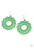 Paparazzi Dominican Daisy - Green - Earrings  -  Painted in a refreshing green finish, an airy wooden frame is cut into a whimsical stenciled pattern for a colorful floral look. Earring attaches to a standard fishhook fitting.
