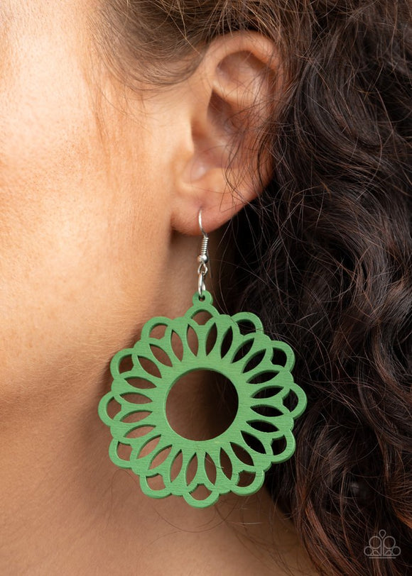 Paparazzi Dominican Daisy - Green - Earrings  -  Painted in a refreshing green finish, an airy wooden frame is cut into a whimsical stenciled pattern for a colorful floral look. Earring attaches to a standard fishhook fitting.

