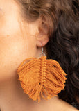 Paparazzi Macrame Mamba - Brown - Earrings - Rustic brown threaded tassels knot into a leaf-shaped frame, creating a colorful macram inspired fringe. Earring attaches to a standard fishhook fitting. 