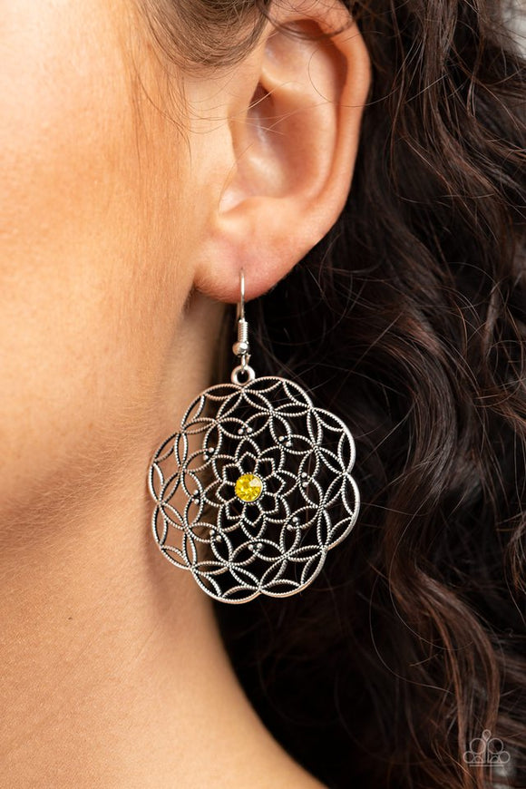 Paparazzi Botanical Bash - Yellow - Earrings  -  Dotted with a glittery yellow rhinestone center, studded silver filigree blooms into an enchanting floral frame. Earring attaches to a standard fishhook fitting.
