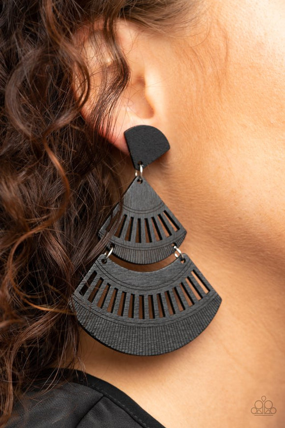 Paparazzi Oriental Oasis - Black - Earrings  -  Stenciled in airy cutout details, an earthy collection of triangular and crescent-shaped black wooden frames delicately connect into a fanned out lure. Earring attaches to a standard post fitting.
