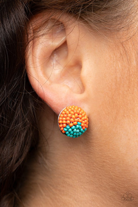 Paparazzi As Happy As Can BEAD - Orange - Earrings  -  A dainty collection of Amberglow and turquoise seed beads embellished the front of a circular frame, creating a colorful half and half pattern. Earring attaches to a standard post fitting.
