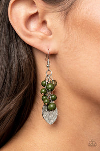 Paparazzi Fruity Finesse - Green - Earrings  -  A textured silver piece dangles from the bottom of a clustered fringe of bubbly green and shiny silver beads, creating a vivacious lure. Earring attaches to a standard fishhook fitting.
