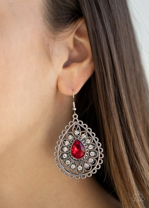 Paparazzi Eat, Drink, and BEAM Merry - Red - Earrings  -  White rhinestone dotted silver petals flare out from a red teardrop rhinestone center, coalescing into a frilly frame. Earring attaches to a standard fishhook fitting.
