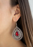 Paparazzi Eat, Drink, and BEAM Merry - Red - Earrings  -  White rhinestone dotted silver petals flare out from a red teardrop rhinestone center, coalescing into a frilly frame. Earring attaches to a standard fishhook fitting.
