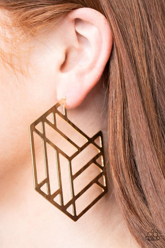 Paparazzi Gotta Get GEO-ing - Gold - Earrings  -  Flat gold bars connect into an edgy hexagonal frame, creating a chic geometric hoop. Earring attaches to a standard post fitting. Hoop measures approximately 2 3/4