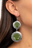 Paparazzi Thrift Shop Stop - Green - Earrings  -  Varying in size, a pair of faceted Military Olive beads are pressed into the shimmery centers of hammered silver frames as they link into a colorfully rustic lure. Earring attaches to a standard fishhook fitting.
