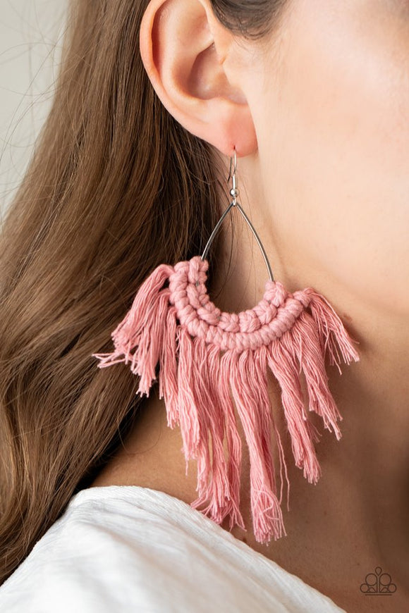 Paparazzi Wanna Piece Of MACRAME? - Pink - Earrings  -  Tassels of Rose Tan thread decoratively knot at the bottom of a shiny silver teardrop, creating an earthy fringe. Earring attaches to a standard fishhook fitting. 
