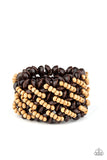 Paparazzi Cozy in Cozumel - Brown - Bracelet  -  A collection of dainty tan wooden beads and brown wooden discs are threaded along knotted stretchy bands, creating a tropical floral pattern around the wrist.
