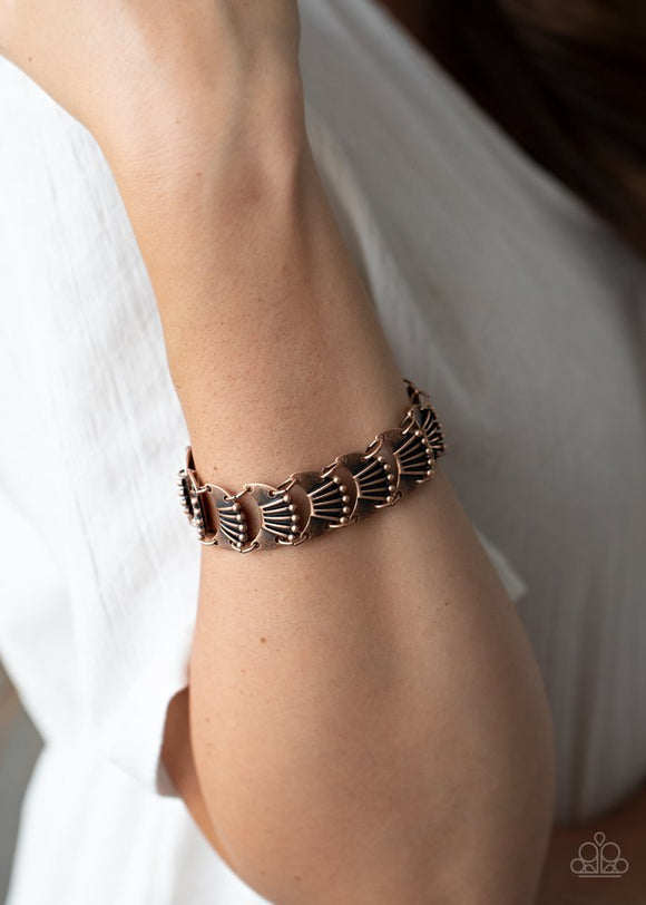 Paparazzi Moonlit Mesa - Copper - Bracelet  -  Featuring rustically studded and linear textures, copper crescent frames delicately link around the wrist for an artisan inspired look. Features an adjustable clasp closure.
