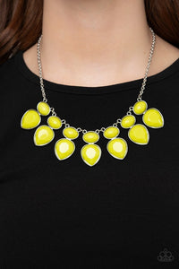 Paparazzi Modern Masquerade - Yellow - Necklace  -  Featuring sleek silver fittings, rows of faceted Green Sheen teardrop beads attach to the bottoms of polished Green Sheen oval beads, creating a dangerously bold fringe below the collar. Features an adjustable clasp closure.
