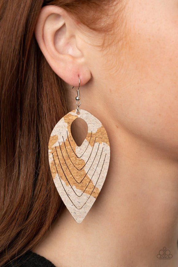 Paparazzi Cork Cabana - White - Earrings  -  Spotted in shimmery white accents, a flat cork teardrop is spliced into a rippling frame for an earthy fashion. Earring attaches to a standard fishhook fitting.
