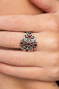 Paparazzi One DAISY At A Time - Red - Ring  -  Dotted with glittery red rhinestones, glistening silver filigree blooms into a whimsical floral centerpiece atop the finger. Features a stretchy band for a flexible fit.
