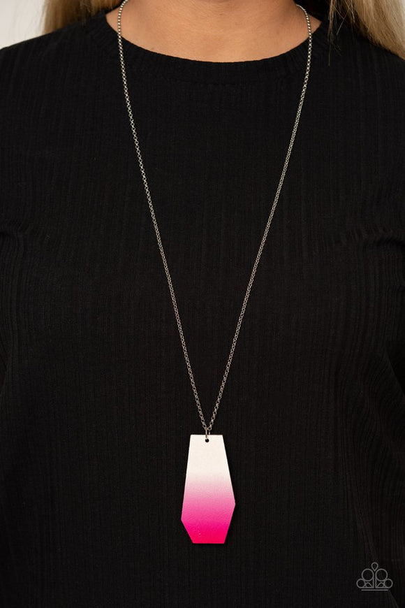 Paparazzi Watercolor Skies - Pink - Necklace  -  An abstract wooden piece gradually fades from white to pink, creating a colorful ombre inspired pendant at the bottom of a silver chain. Features an adjustable clasp closure.
