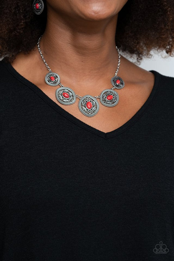 Paparazzi Alter ECO - Red - Necklace  -  Dainty red stones dot the centers of leafy silver filigree filled frames that delicately connect below the collar, creating a colorfully earthy look. Features an adjustable clasp closure.
