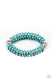 Paparazzi Eco Experience - Blue - Set  -  Infused with a pair of ornate silver beads, an earthy collection of shiny silver and refreshing turquoise discs alternate along a stretchy band around the wrist for an authentically artisan inspired look.
