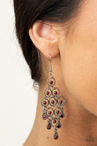 Paparazzi Chandelier Cameo - Red - Earrings  -  Dotted with glittery red rhinestones, an interlocking collection of oval rope-like silver frames gives way to a decorative fringe of shimmery silver teardrops. Earring attaches to a standard fishhook fitting.
