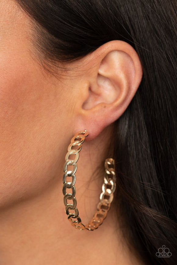Paparazzi Climate CHAINge - Gold - Earrings  -  Glistening gold chain links delicately interconnect into an edgy hoop for a game-changing look. Earring attaches to a standard post fitting. Hoop measures approximately 2 1/4