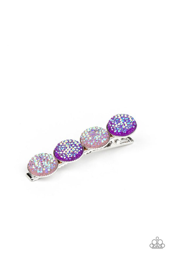 Paparazzi When GLEAMS Come True - Purple - Hair Bow  -  Featuring an iridescent shimmer, pink and purple rhinestone dotted gems are encrusted across the front of a shiny silver bar for a colorfully bubbly look. Features a standard hair clip on the back.
